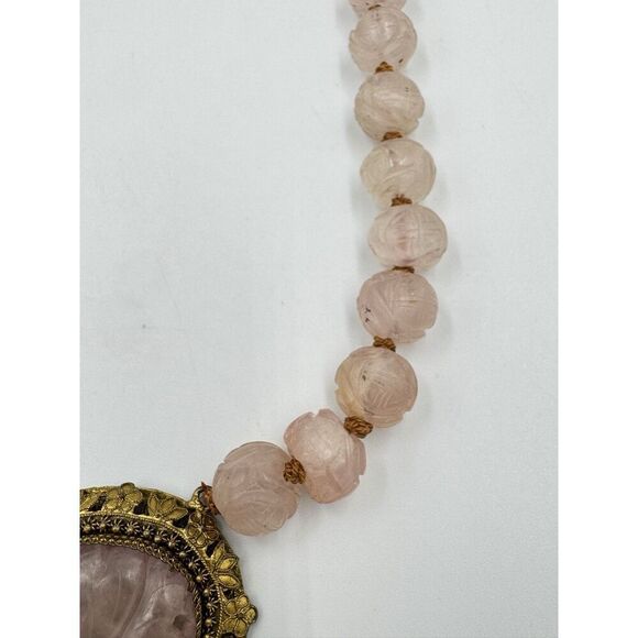 Vintage Antique Carved Rose Quartz Gold Tone Ornate Filigree Collar Necklace 14” - Picture 5 of 14